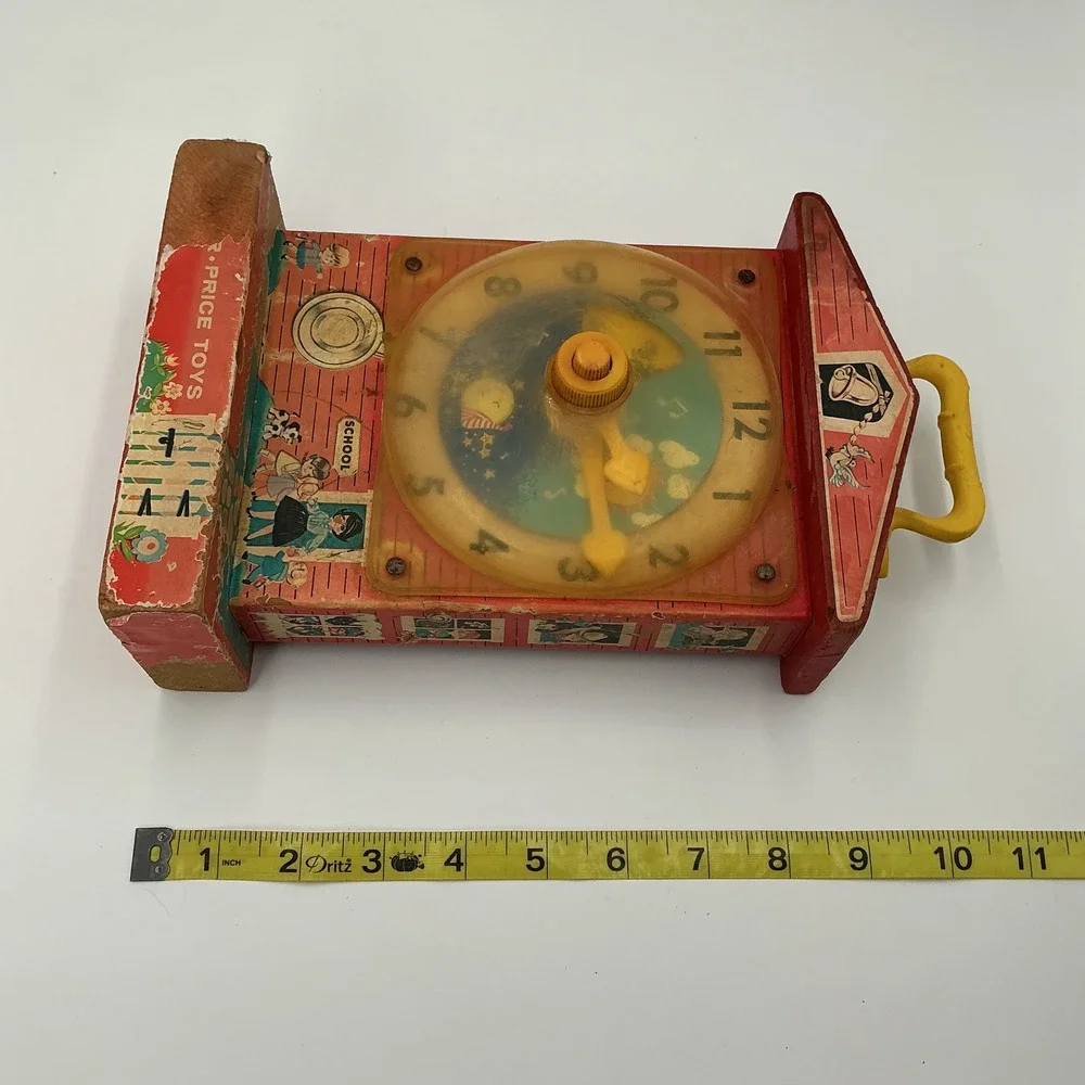Vintage Fisher Price Music Box Teaching Clock Wood Wind Up‎ Toy 1964 USA Works